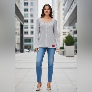 Calvin Klein Jeans, Striped Henley Long Sleeve, Size M, Gray & White